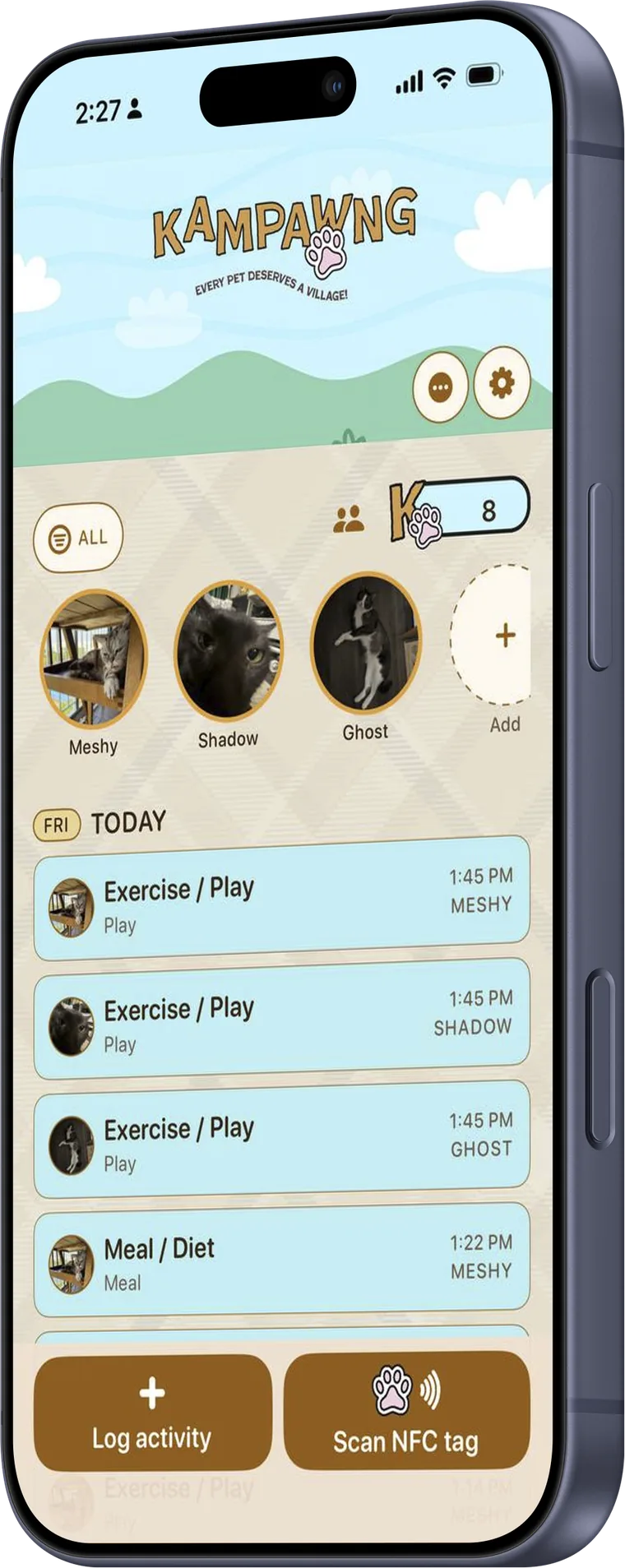 The Kampawng app open on a phone, showing today’s care log for Meshy, Shadow and Ghost with buttons to log an activity or scan an NFC tag.